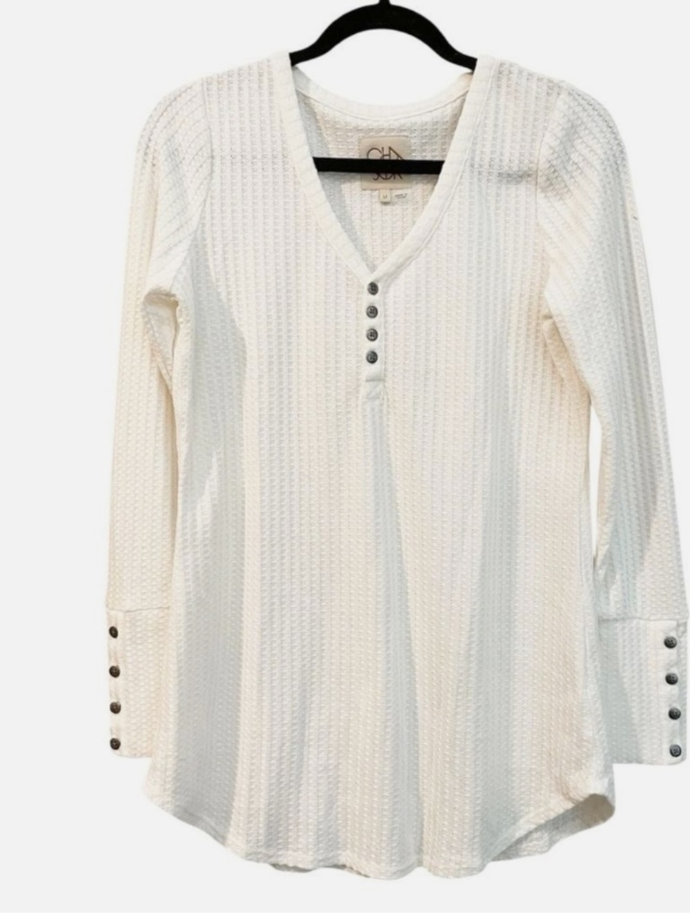 Chaser Waffle White Long Sleeve Top Button Detail Long Sleeve EUC T95